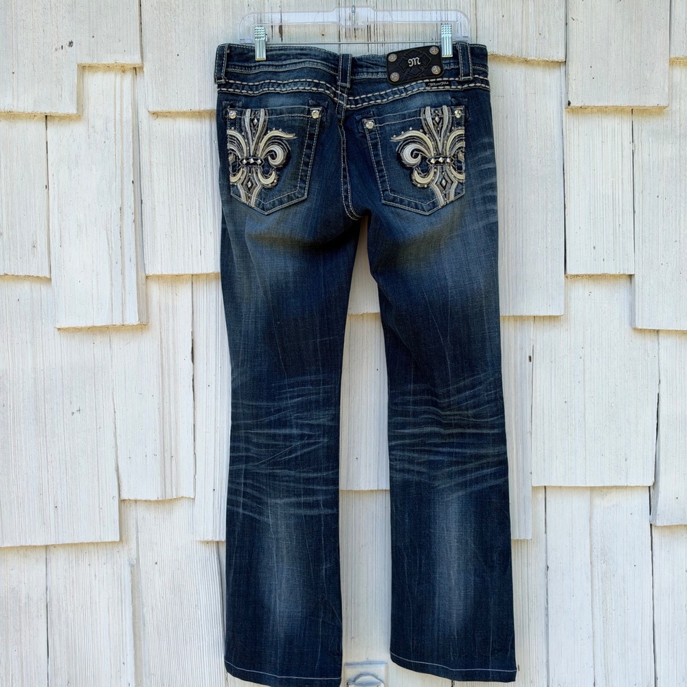 Miss Me Y2K Low Rise Boot Cut Jeans Fleur De Lis Rhinestone Size 30